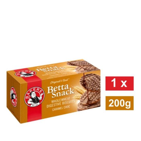 Picture of BAKERS BETTA SNACK CARAMEL CHOCOLATE FLAVOURED WHOLEWHEAT DIGESTIVE BISCUITS 200g