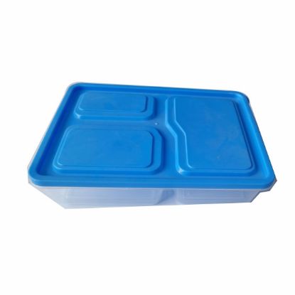 Picture of CLEAR 3 COMPARTMENTS BLUE LID RECTANGLE LUNCH BOX 