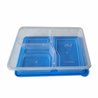 Picture of CLEAR 3 COMPARTMENTS BLUE LID RECTANGLE LUNCH BOX 