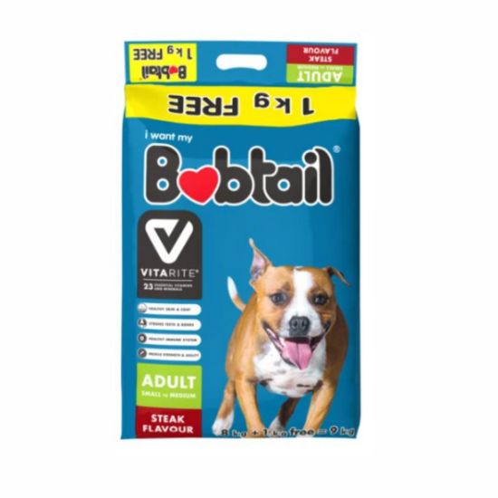 Picture of BOBTAIL ADULT SMALL & MEDIUM STEAK FLAVOUR DRY DOG FOOD 9KG  
